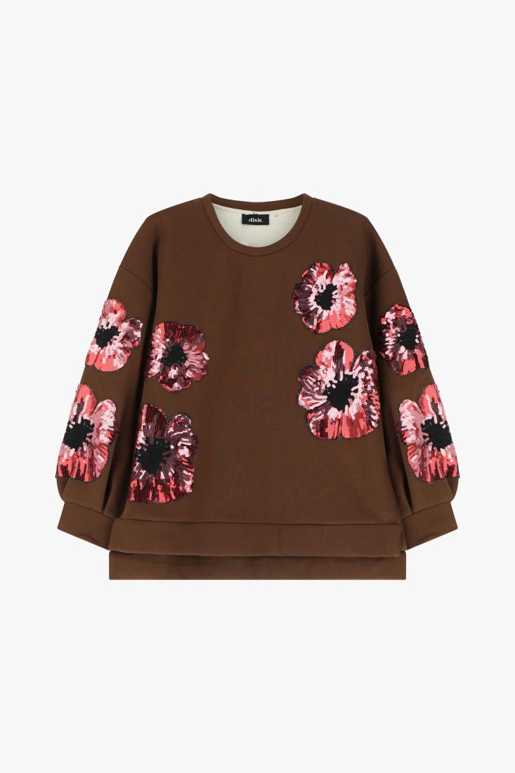 Felpa con fiori ricamati e maniche lunghe