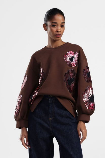 Felpa con fiori ricamati e maniche lunghe