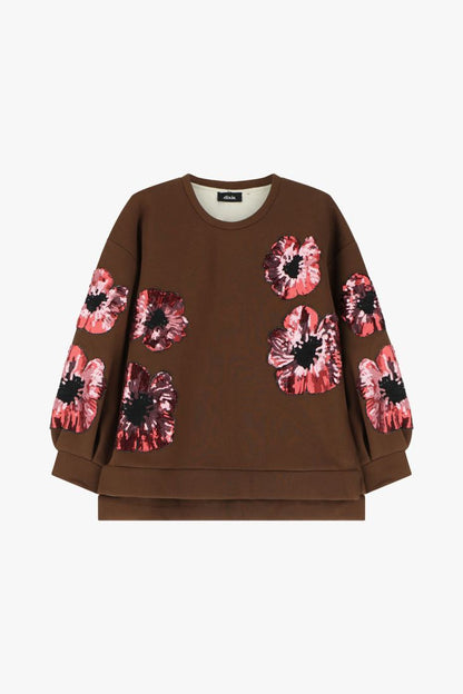 Felpa con fiori ricamati e maniche lunghe
